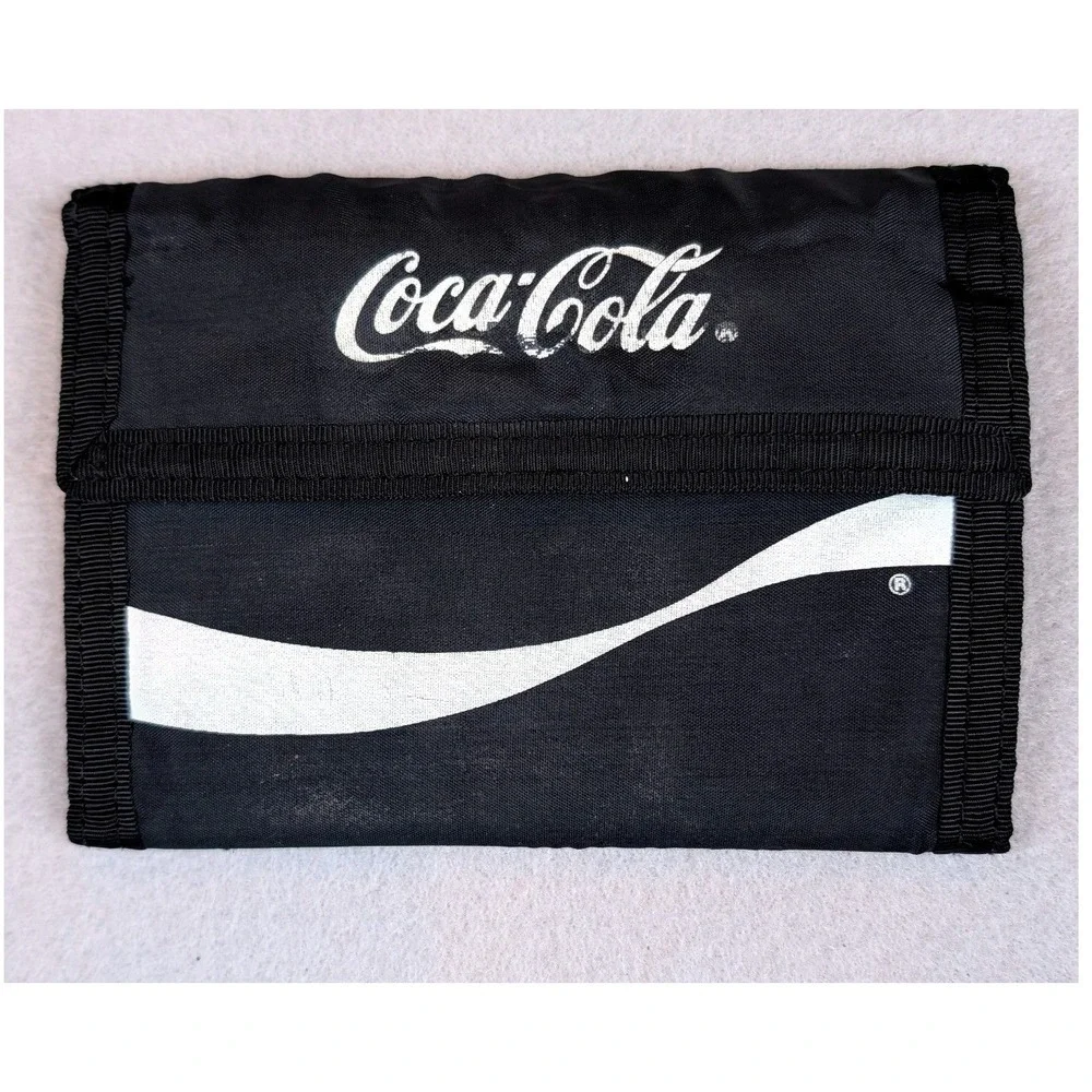 Coca-Cola Vintage Black Nylon Trifold Wallet White Logo Hook and Loop Closure